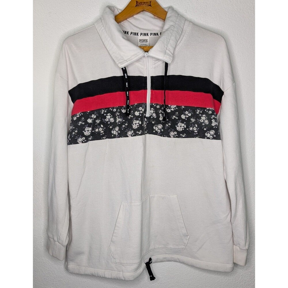 VICTORIA'S SECRET PINK PULLOVER BOYFRIEND QUARTER ZIP WHITE Size Large (369)